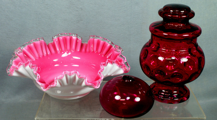 Appraisal: Ruffled cranberry cased glass brides basket insert with cranberry thumbprint