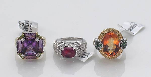 Appraisal: A collection of three gem-set diamond tourmaline garnet sapphire k