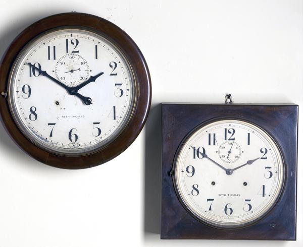 Appraisal: SETH THOMAS Two gallery clocks one square one round Larger