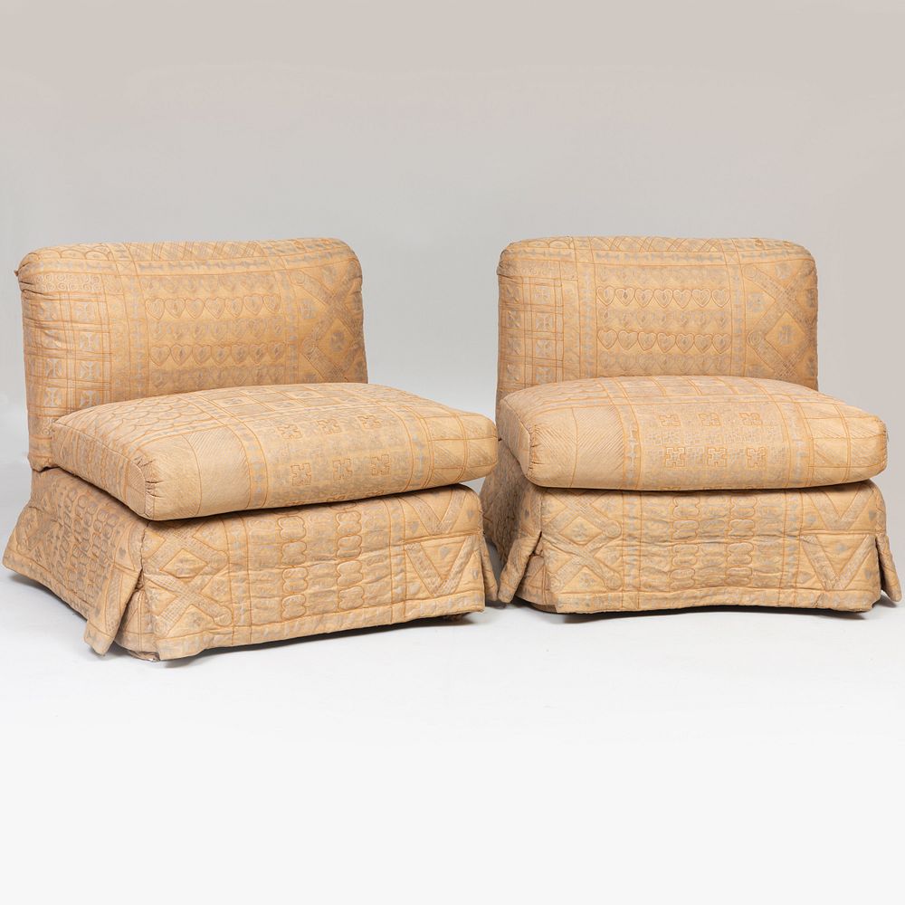 Appraisal: Pair of Large Embroidered Fortuny Upholstered Slipper Chairs Designed by