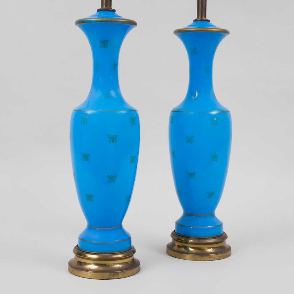 Appraisal: Pair of French Gilt-Decorated Blue Opaline Glass Vases Mounted as