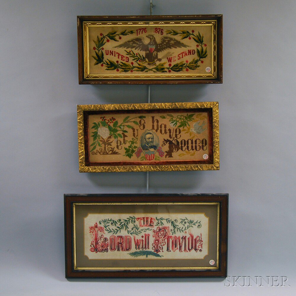 Appraisal: Three Framed th Century Patriotic and Motto Needleworks Let us