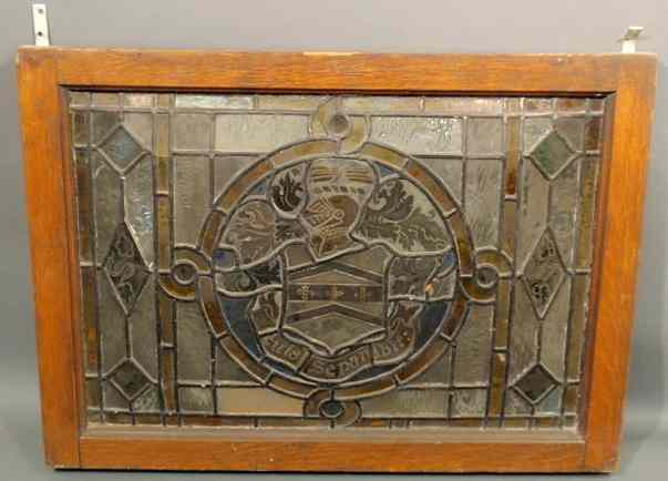 Appraisal: Oak framed stained glass armorial crest of the William Licester