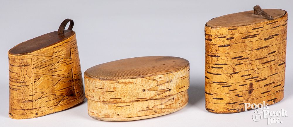 Appraisal: Three Woodlands birch bark boxes th c Three Woodlands birch