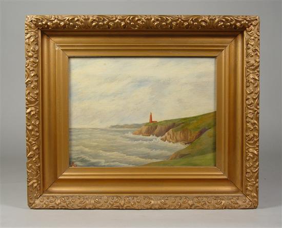 Appraisal: Oil on Board New England seacoast with lighthouse and crashing