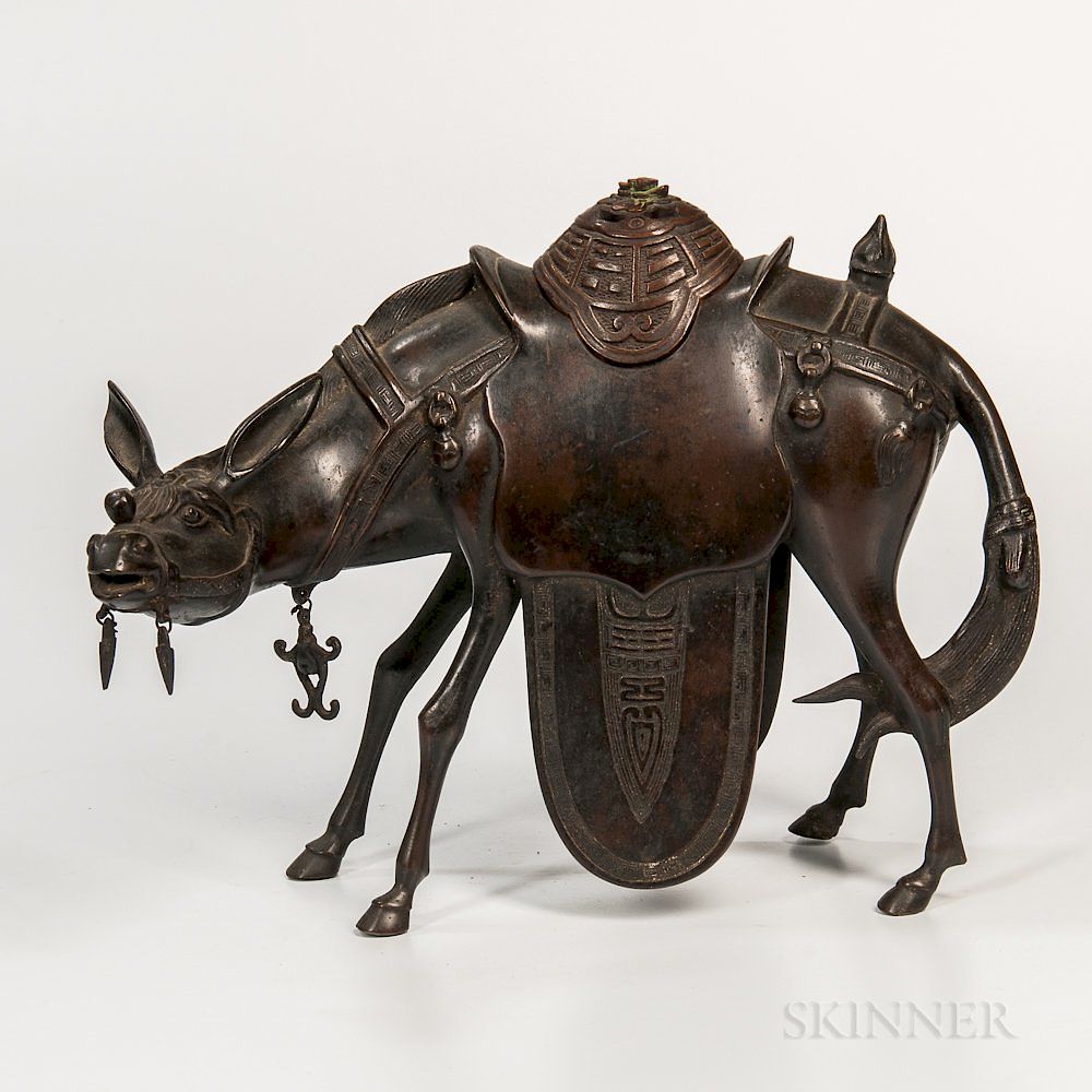 Appraisal: Donkey-shaped Bronze Censer and Wood Cover Donkey-shaped Bronze Censer and