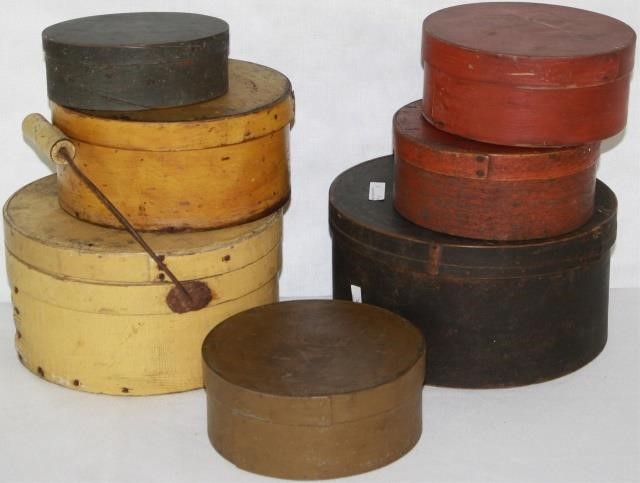 Appraisal: SEVEN TH CENTURY PAINTED AMERICAN PANTRY BOXES TO INCLUDE ROUND