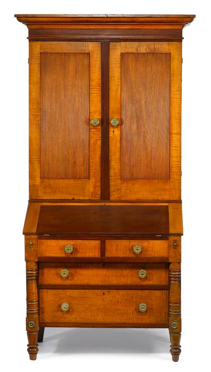 Appraisal: Figured maple and cherrywood secretary bookcasepennsylvania circa