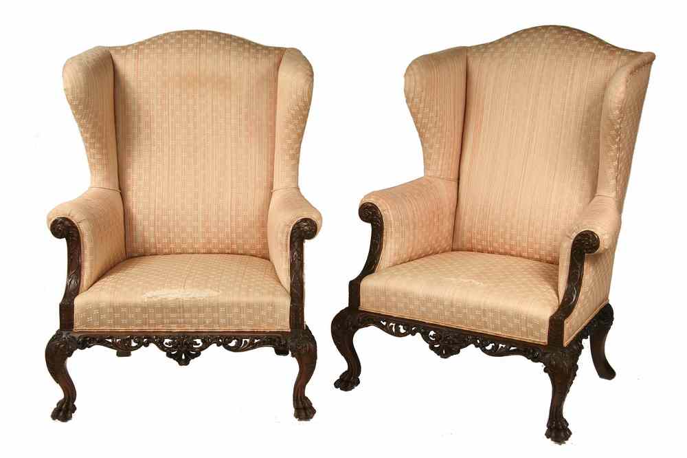 Appraisal: PAIR WINGCHAIRS - Pair of Chippendale Period Mahogany Framed Wingchairs