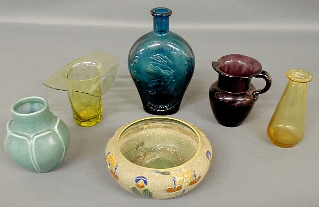 Appraisal: - Six pieces of glassware and pottery- blue Columbia bottle