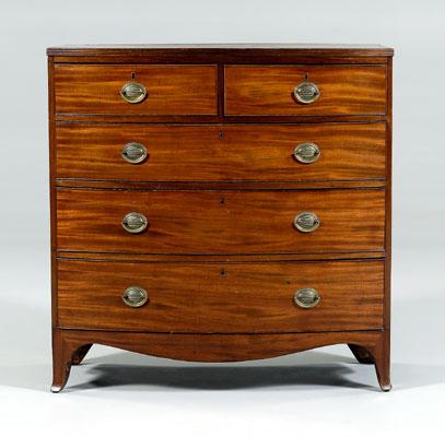 Appraisal: Hepplewhite mahogany chest of drawers bow front figured mahogany veneers