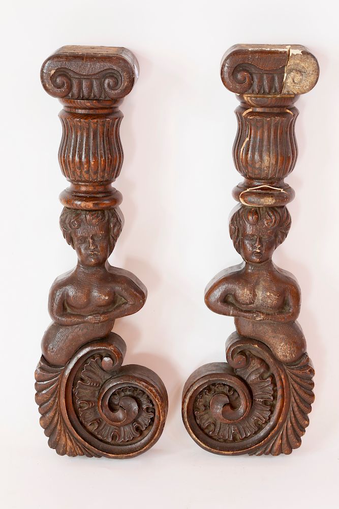 Appraisal: Pair of Carved Oak Female Figural Architectural Elements Exclusive on