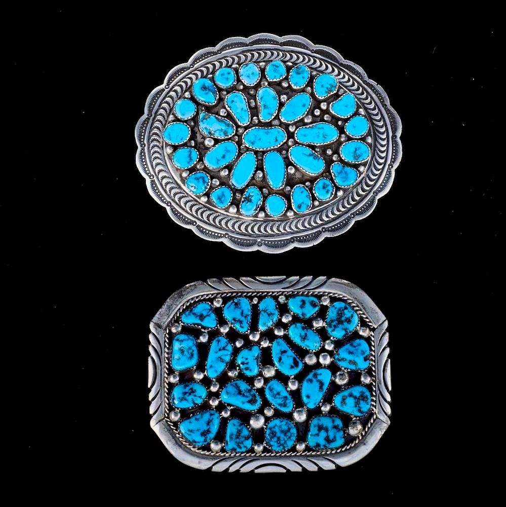 Appraisal: NAVAJO BELT BUCKLES Two Vintage old pawn turquoise coral and