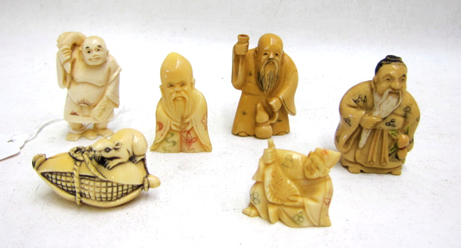 Appraisal: CHINESE JAPANESE NETSUKE six pieces featuring ivory and ivory-like standing