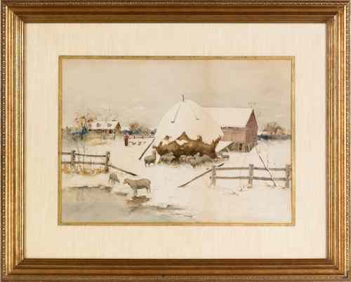 Appraisal: Watercolor on paper of a winter farm scene with sheep