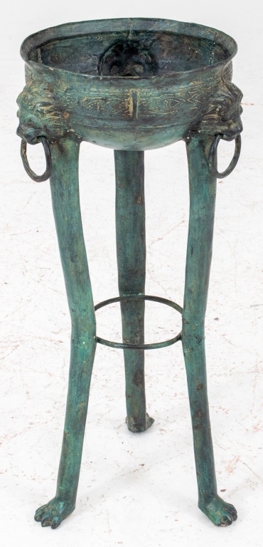 Appraisal: ARCHEOLOGICAL STYLE VERDIGRIS BRONZE JARDINIERE Archeological style verdigris bronze stand