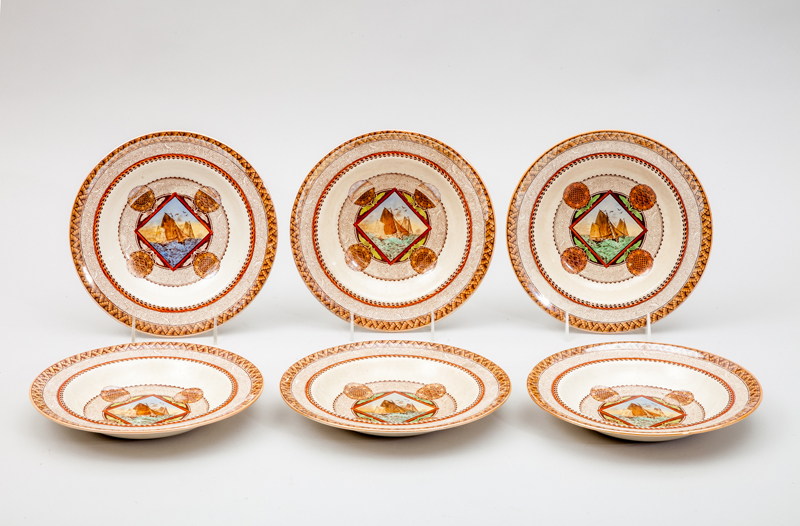 Appraisal: WILLIAM BROWNFIELD SONS SIX TRANSFERWARE SOUP PLATES x in diam