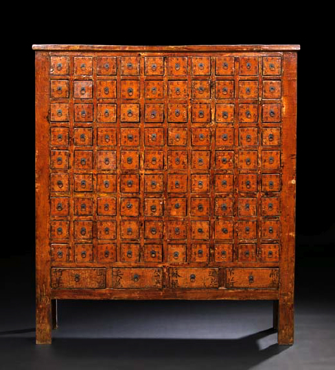 Appraisal: Good Chinese Lacquered Wood Apothecary Cabinet th century the mottled