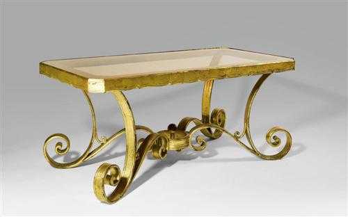 Appraisal: FRENCH TABLE circa Wrought iron painted gold glass x x