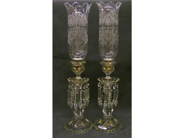 Appraisal: Pair of pressed glass hurricanes with crystal prisms and gold