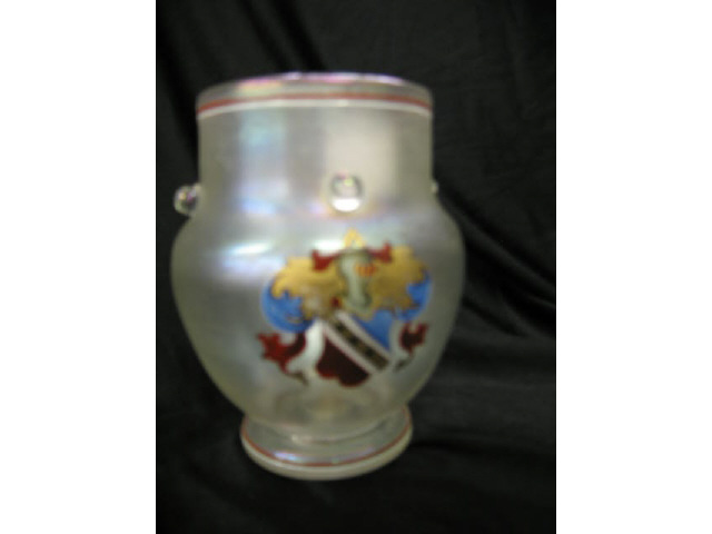 Appraisal: Bohemian Art Glass Mug iridescent with enameled crest