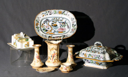 Appraisal: Group of Eight English Transfer Decorated Ceramic Table Articles Late