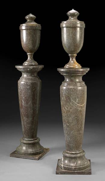 Appraisal: A pair of Neoclassical style covered marble urns on pedestals