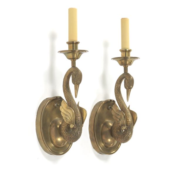 Appraisal: PAIR OF PATINATED BRONZE SWAN SCONCES x x Elegant cast