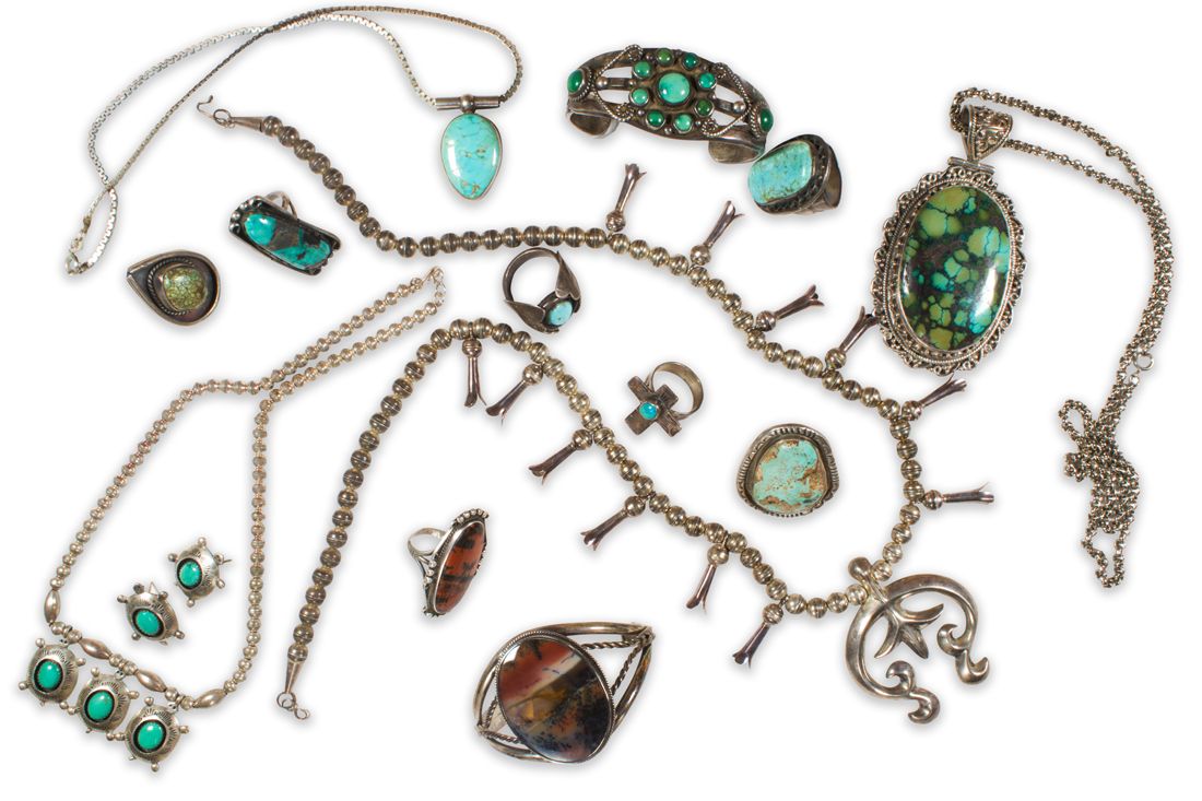 Appraisal: A GROUP OF TURQUOISE OR HARDSTONE AND SILVER JEWELRY INCLU