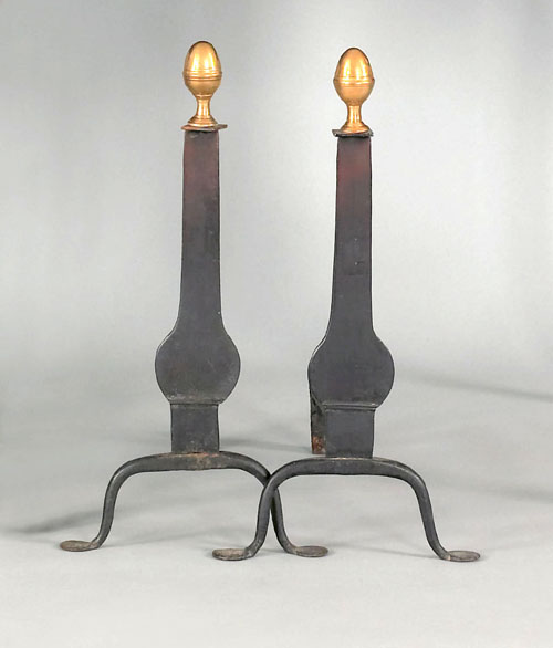 Appraisal: Pair of wrought iron and brass knife blade andirons ca