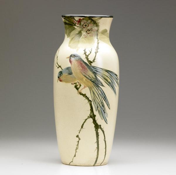 Appraisal: WELLER Hudson Light tall vase painted with birds on a