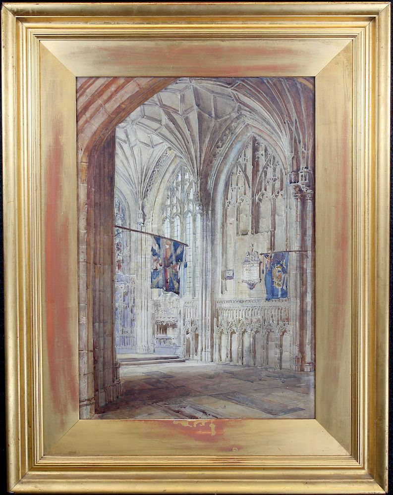 Appraisal: European School Watercolor of Cathedral Interior European School Watercolor of