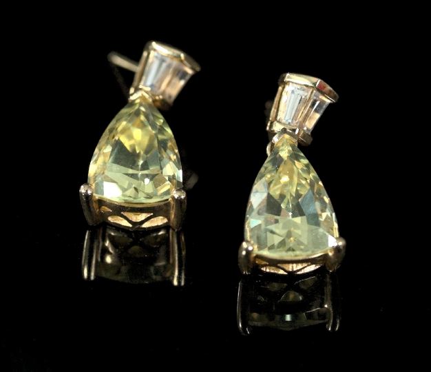 Appraisal: Pair of Fourteen-Karat Yellow Gold Topaz and Diamond Drop Earrings