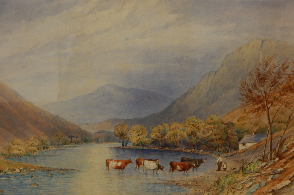 Appraisal: thC British School Cattle crossing river watercolour cm x cm