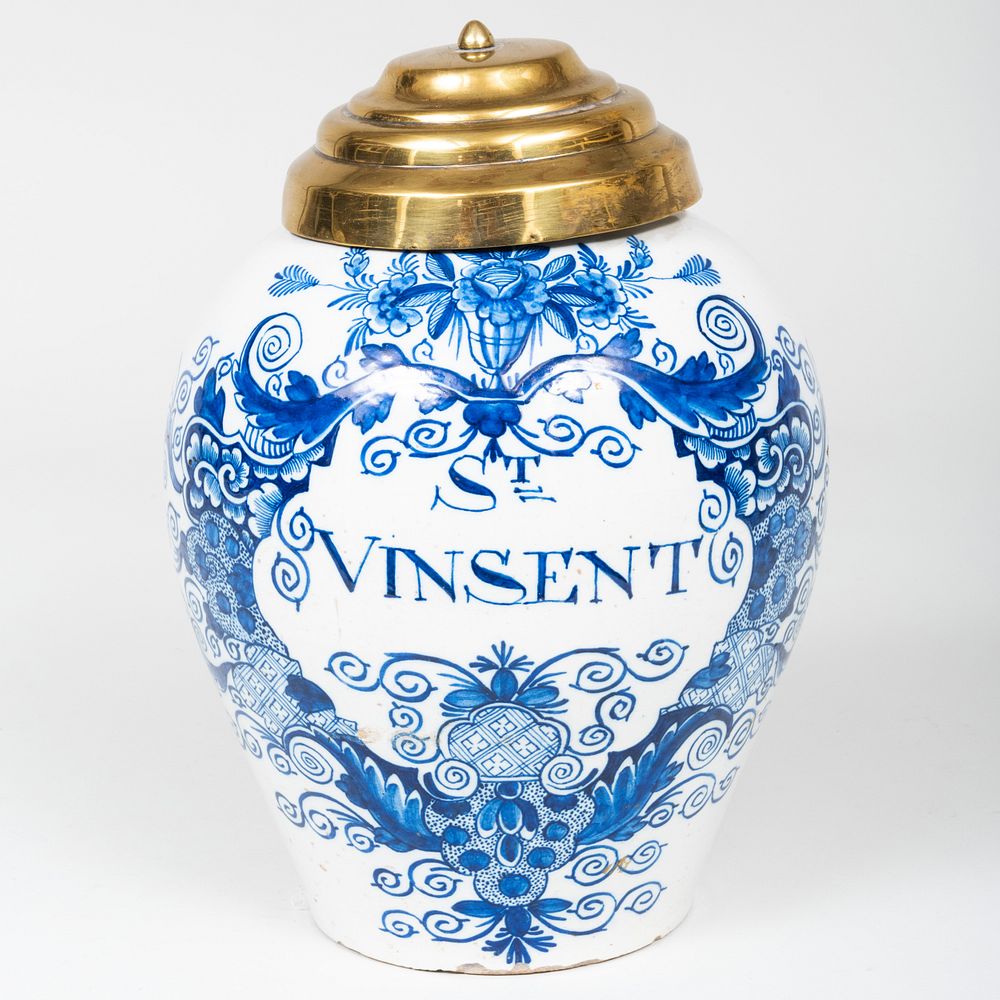 Appraisal: Dutch Delft Tobacco Jar with a Brass Cover Blue painted