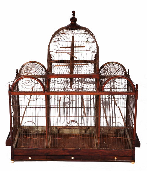 Appraisal: A TH CENTURY MAHOGANY AND WIREWORK BIRD CAGE the domed