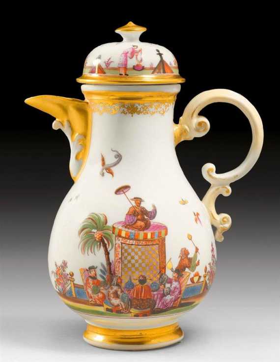 Appraisal: COFFEE POT WITH CHINOISERIE DECORATION Meissen circa Similar scene verso