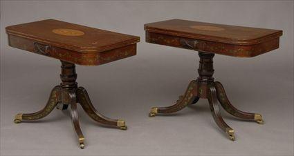 Appraisal: PAIR OF LATE GEORGE III MAHOGANY CARD TABLES Each folding