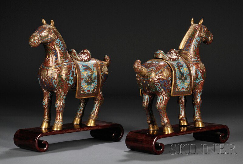 Appraisal: Pair of Cloisonne Horses on Rosewood Stands China each depicted