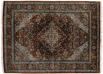 Appraisal: Finely woven silk inlaid Isfahan rug central medallion on olive