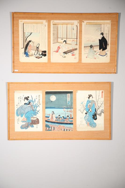 Appraisal: TWO FRAMED GROUPS OF WOODBLOCK PRINTS Japan th century Three