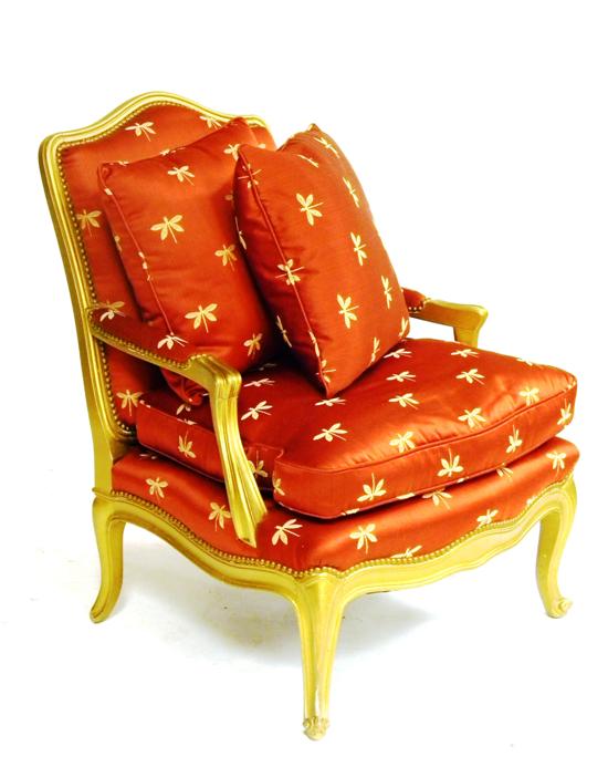 Appraisal: Gilt armchair red upholstery with gold dragonflies two matching throw