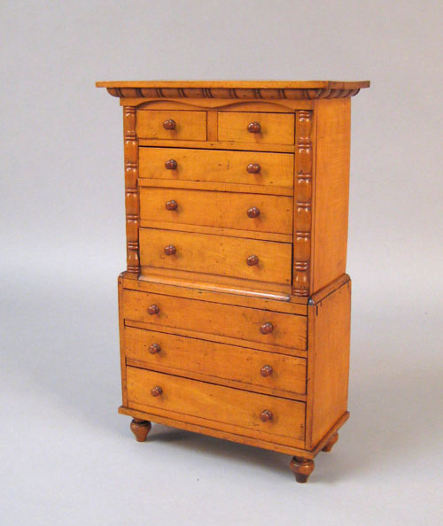 Appraisal: Sheraton tiger maple miniature chest on chest early mid th