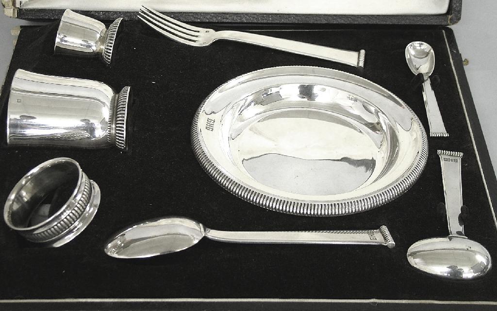 Appraisal: French silver Art Deco eight piece christening set possibly by