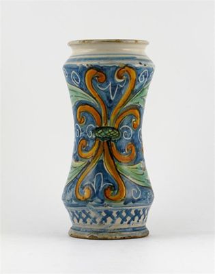 Appraisal: A Sicilian maiolica albarello probably Caltagirone the waisted form painted