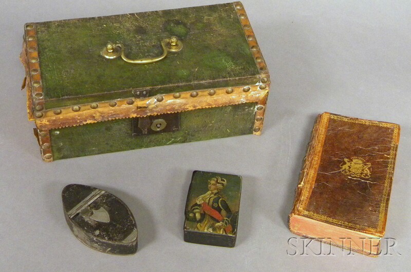 Appraisal: Four Assorted Accessory Items a silver-mounted black-painted tin snuff box