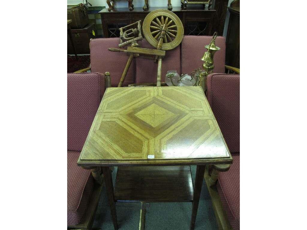 Appraisal: Parquetry two tier occasional table and a spinning wheel