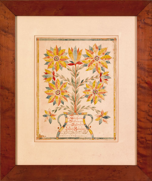 Appraisal: Southeastern Pennsylvania watercolor on paper fraktur dated depicting colorful flowers