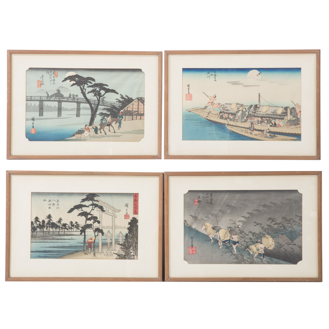 Appraisal: Utagawa Hiroshige Four color woodblock prints Japanese - Including Night