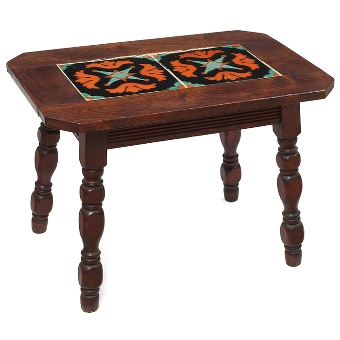 Appraisal: California tile-top table two colorful tiles over turned wood legs